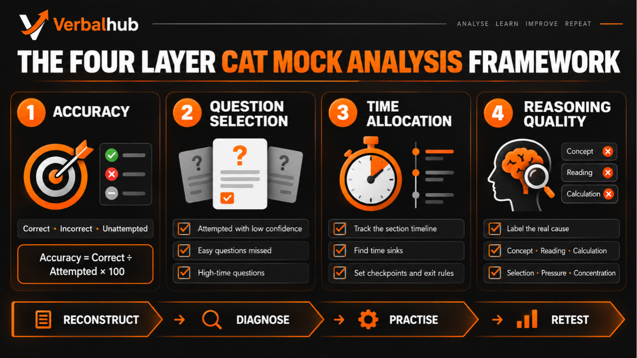 Four layer CAT mock analysis framework: accuracy, question selection, time allocation, reasoning quality