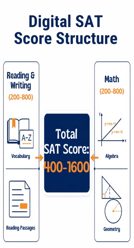 Digital SAT Score Structure - Reading & Writing + Math = Total 400-1600 - VerbalHub