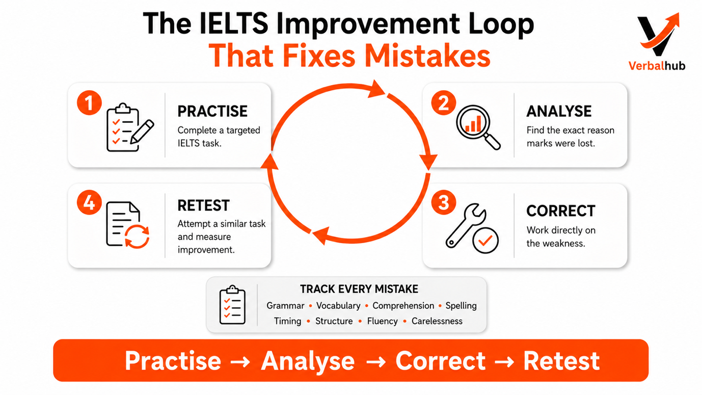 The IELTS Improvement Loop that fixes mistakes: Practise, Analyse, Correct, Retest