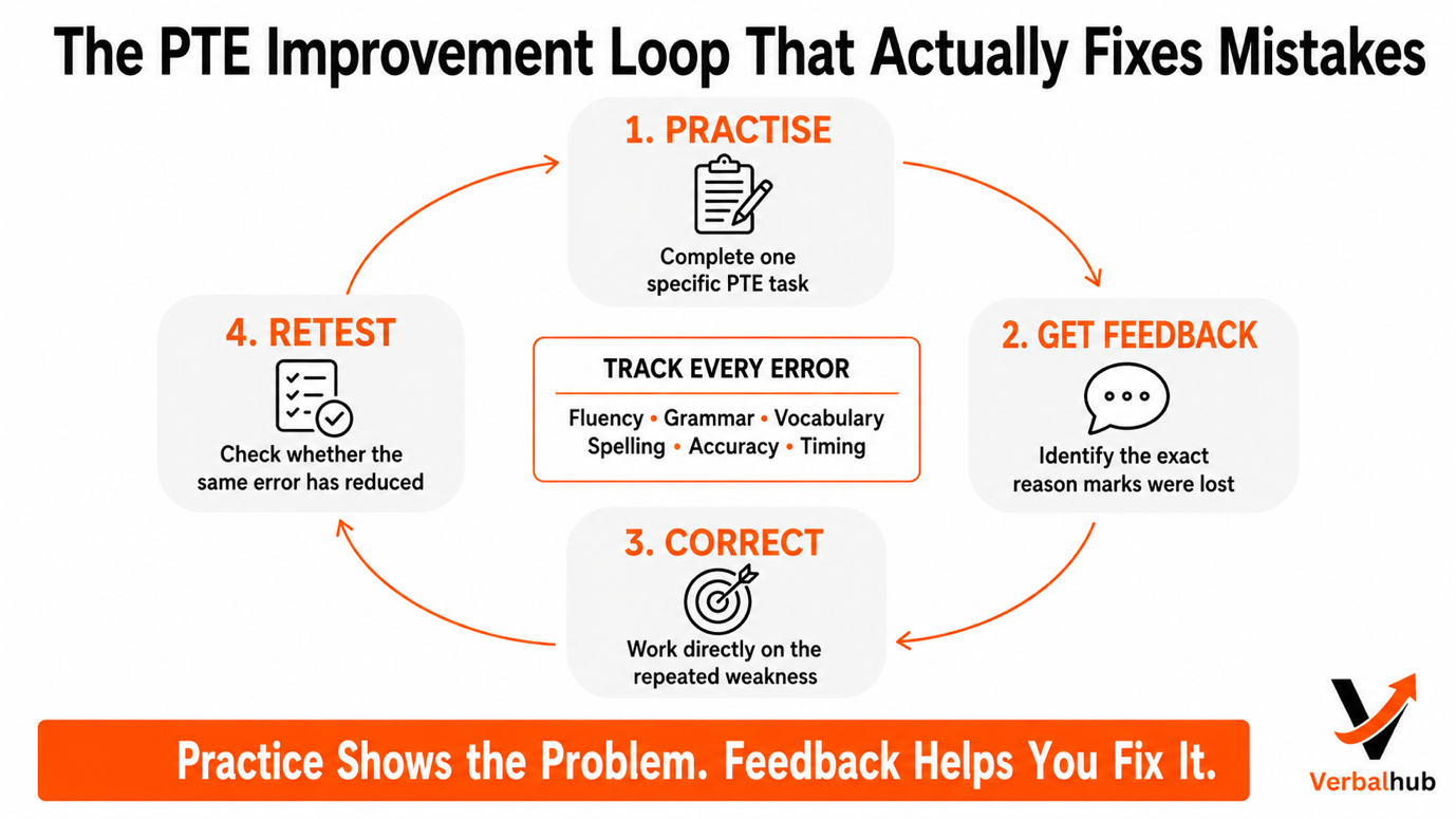 The PTE improvement loop: Practise, Get Feedback, Correct, Retest